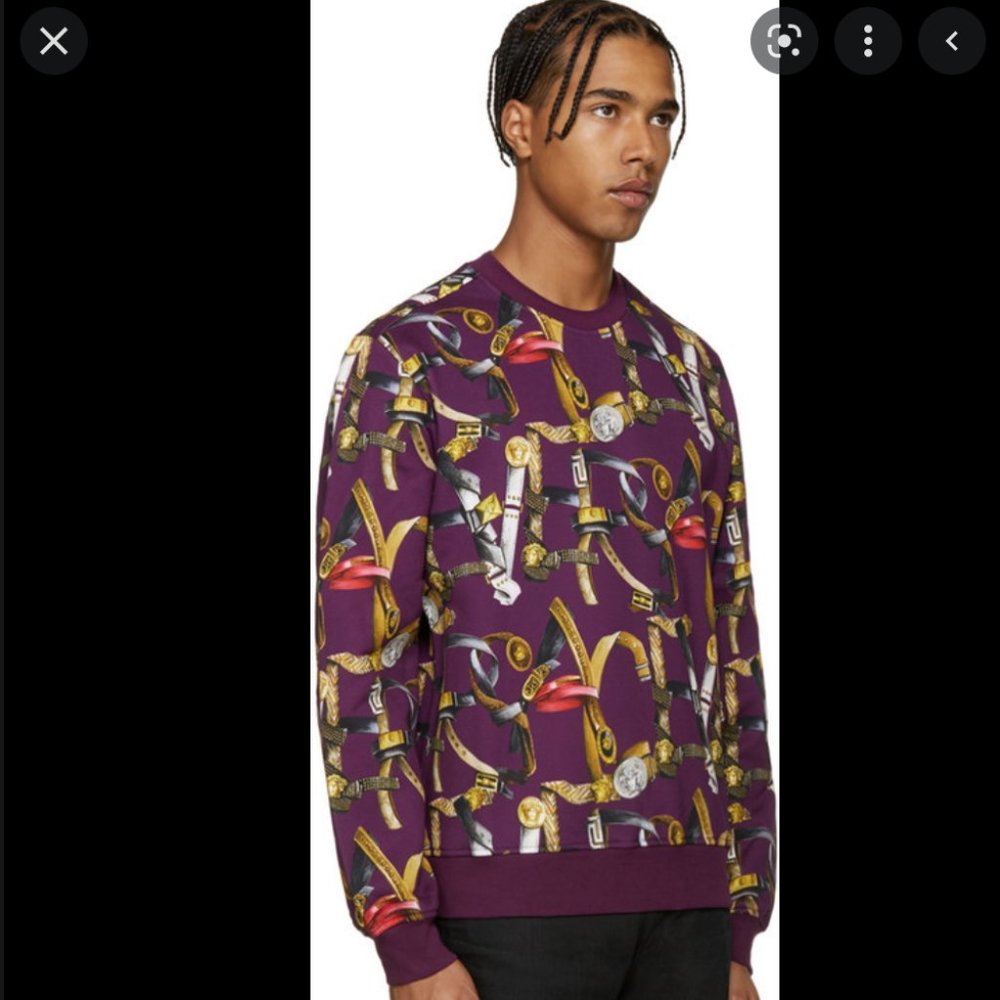 VERSACE COLLECTION Printed Crew Neck Purple Belts Pullover Size: L - Picture 3 of 7